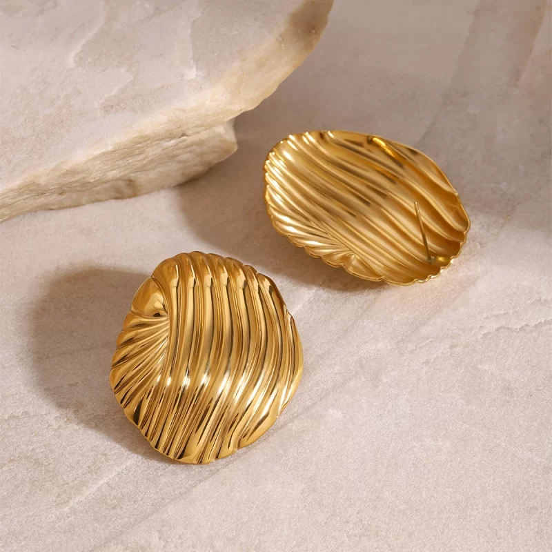 Trendy Waterproof 18K Gold Plated Stainless Steel Jewelry Gift Vintage French Elegant Medieval Ribbed Earrings - Image 5