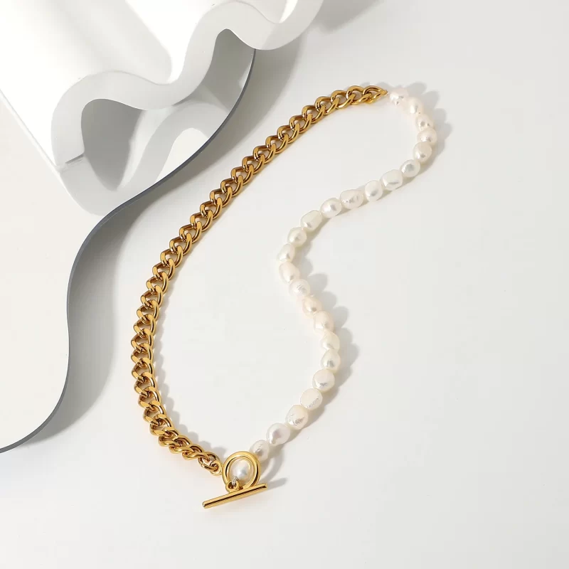 Casual Pearl Necklace OT Buckle Cuban Chain Necklace Stainless Steel Half Cuban Chain Half Freshwater Pearl Connected Necklace - Image 3
