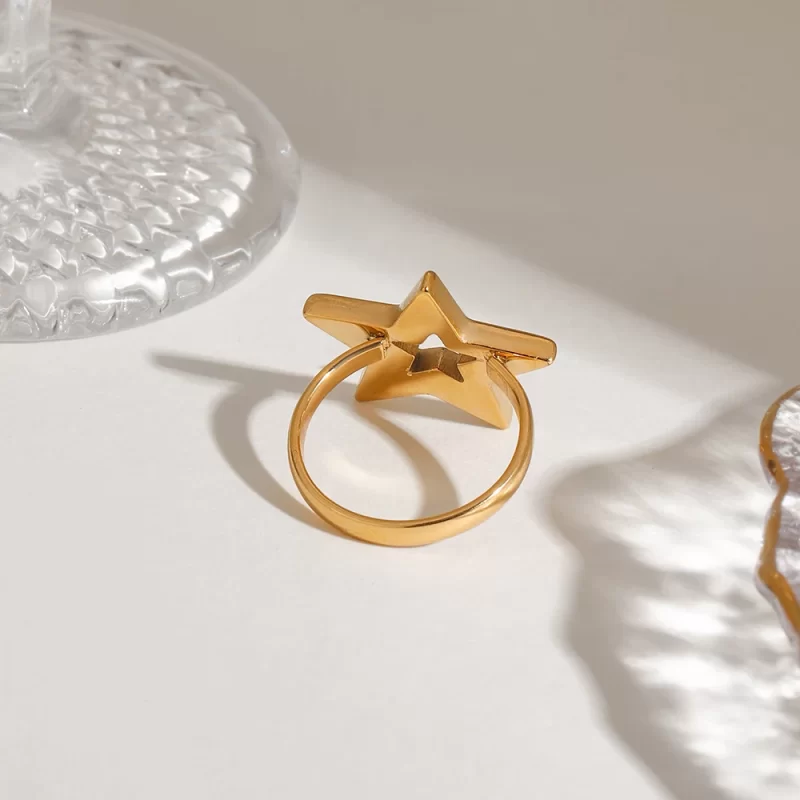J&D Modern 18K Gold Plated Stainless Steel Open Ring Minimalist Star Hollowed High Polished Engagement Finger Ring Classic Style - Image 4