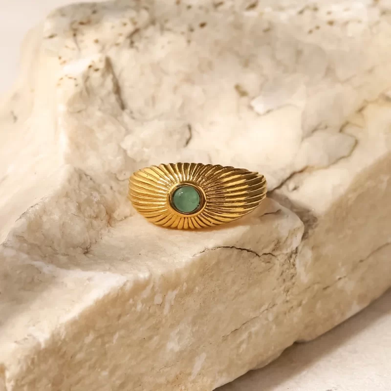 18K Gold Plated Stainless Steel Wide Chunky Natural Green Stone Sun Shape Rings Punk Style Unisex - Image 2