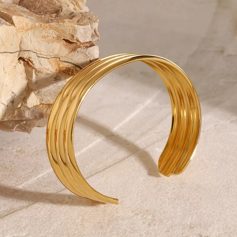 J&D 18k Gold Stainless Steel Triple Layer Tube Open Cuff Bracelet Stylish - Image 3