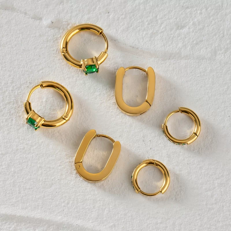 Classic Design 18k Gold Stainless Steel Green Zircon Stud Earrings Vintage Style Hoop Earrings for Sophisticated Look - Image 4