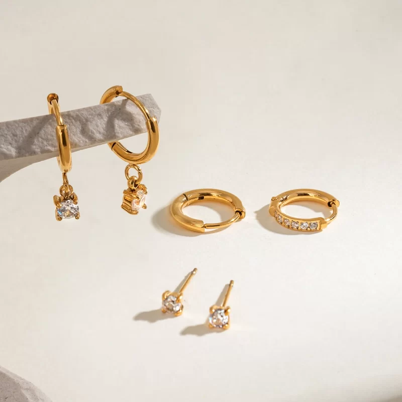 18k Gold Stainless Steel Zircon Hoop Earrings Set Three Pairs Classic Style - Image 5