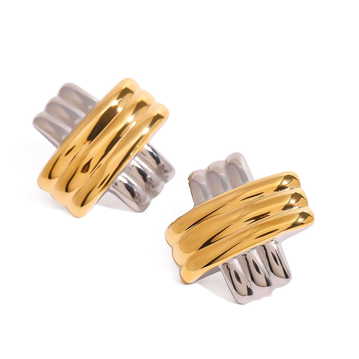 18k Gold-Silver Stainless Steel Ribbed Minimalist Stud Earrings Elegant Modern Style Fashion Earring