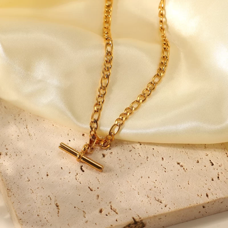 Tarnish Free 18K Figaro Chain T-bar Pendant Necklace Stainless Steel T-bar Necklace for Women - Image 4