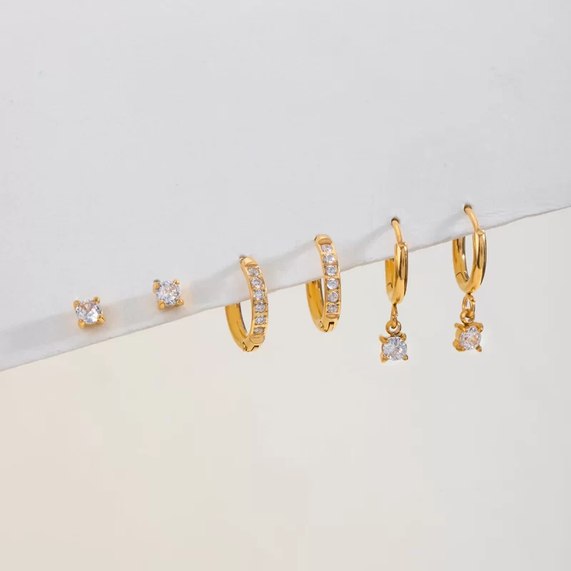18k Gold Stainless Steel Zircon Hoop Earrings Set Three Pairs Classic Style - Image 3