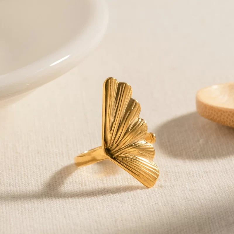 New Arrival Stainless Steel 18K Gold Plated Ring Gift Opening Ginkgo Leaf Shaped Rings for Women - Image 3