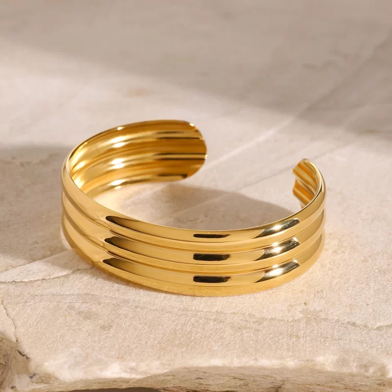 J&D 18k Gold Stainless Steel Triple Layer Tube Open Cuff Bracelet Stylish - Image 2