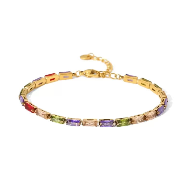 18k Gold Plated Mixed Color Cubic Zirconia Stainless Steel Gemstone Bracelets Women Jewelry