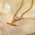 18K IP Plated Twist Chain T-bar Pendant Necklace Stainless Steel Rope Chain T-bar Pendant Necklace
