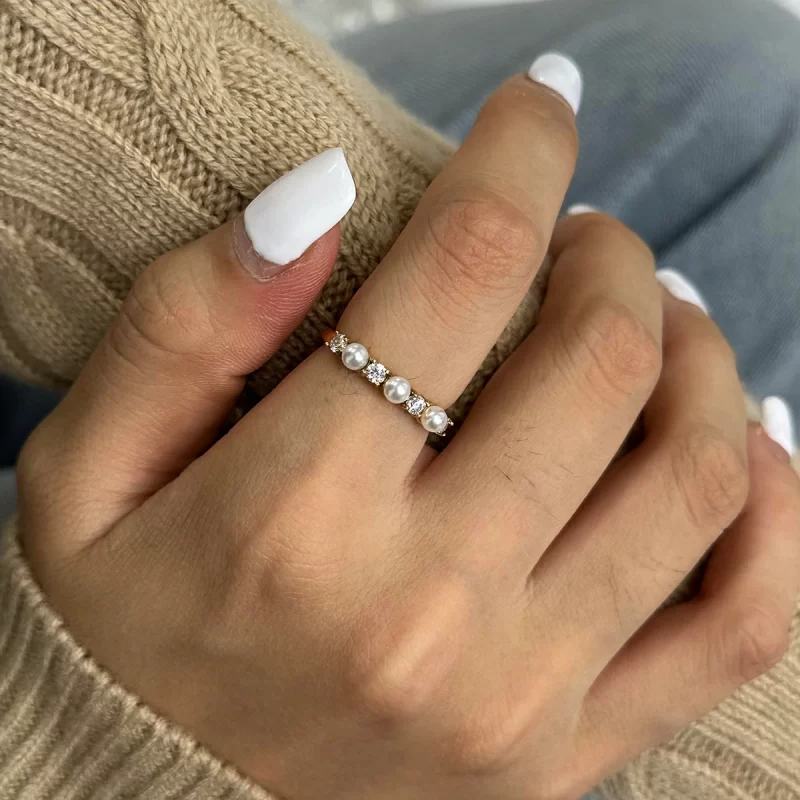 J&D Gold Plated Pearl Zircon Flower Rings Adjustable Stainless Steel Jewelry for Wedding Engagement Gift Trendy Style - Image 2