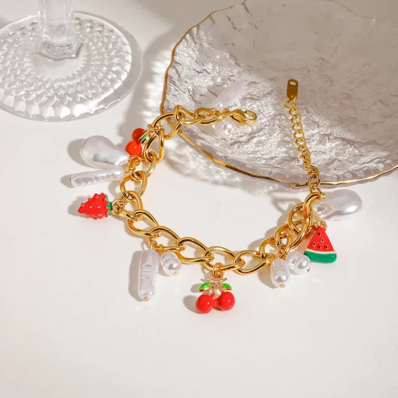 J&D Gold-Plated Double Cross Chain Bracelet Trendy Fruit Shape Pattern Fashionable Alloy Accessory Stylish Charm Bracelets - Image 5