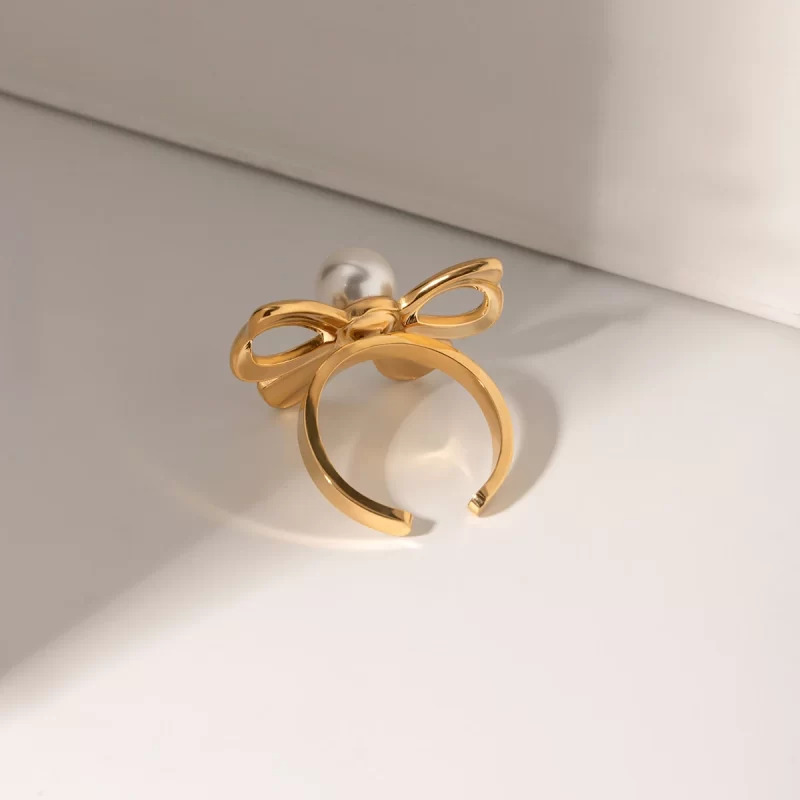 J&D Trendy Dainty Stainless Steel Bow Knot Rings 18K Gold Plated Bow Design Open Ring With Pearl - Image 3