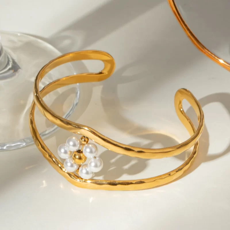 J&D Elegant Double Layer Faux Pearl Bangle 18K Stainless Steel Real Gold Plated Flower Design Fashionable Double Wrist Accessory - Image 4