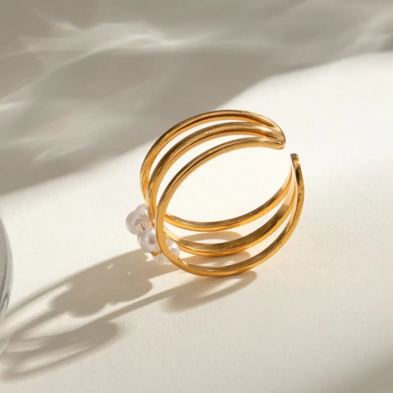 J&D 18k Stainless Steel Real Gold Plated Faux Pearl Three Layer Hollow Floral Adjustable Ring for Decoration - Image 3