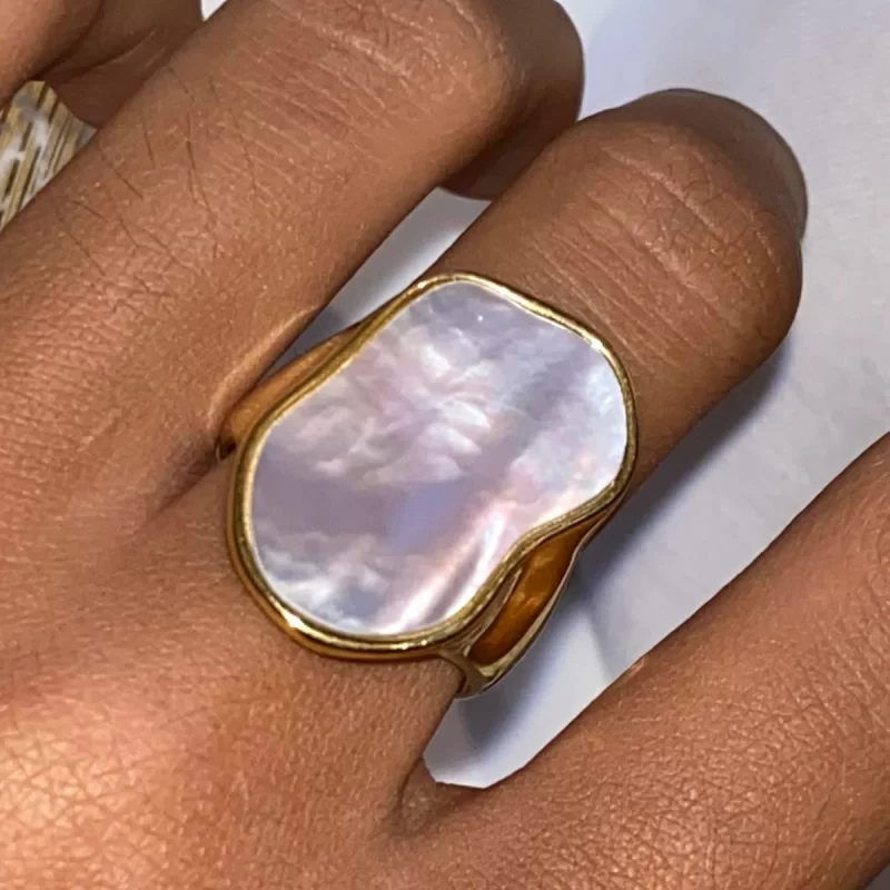 J&D Stylish Accessory 18k Gold PVD Plated Stainless Steel Unique White Shell Rings - Image 3