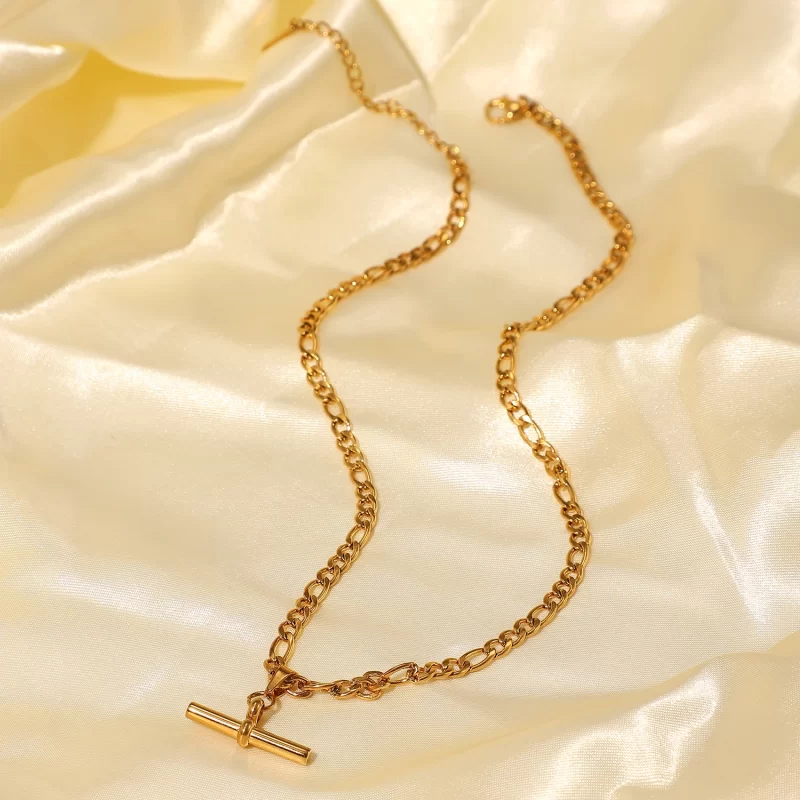 Tarnish Free 18K Figaro Chain T-bar Pendant Necklace Stainless Steel T-bar Necklace for Women - Image 3