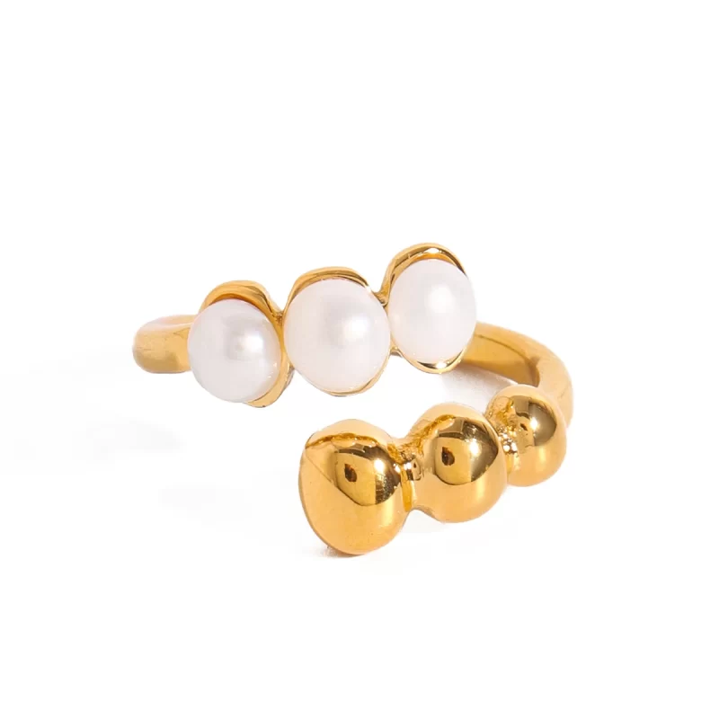 J&D 18K Gold Stainless Steel Elegant Adjustable Statement Jewelry Freshwater Pearl Beaded Open Ring