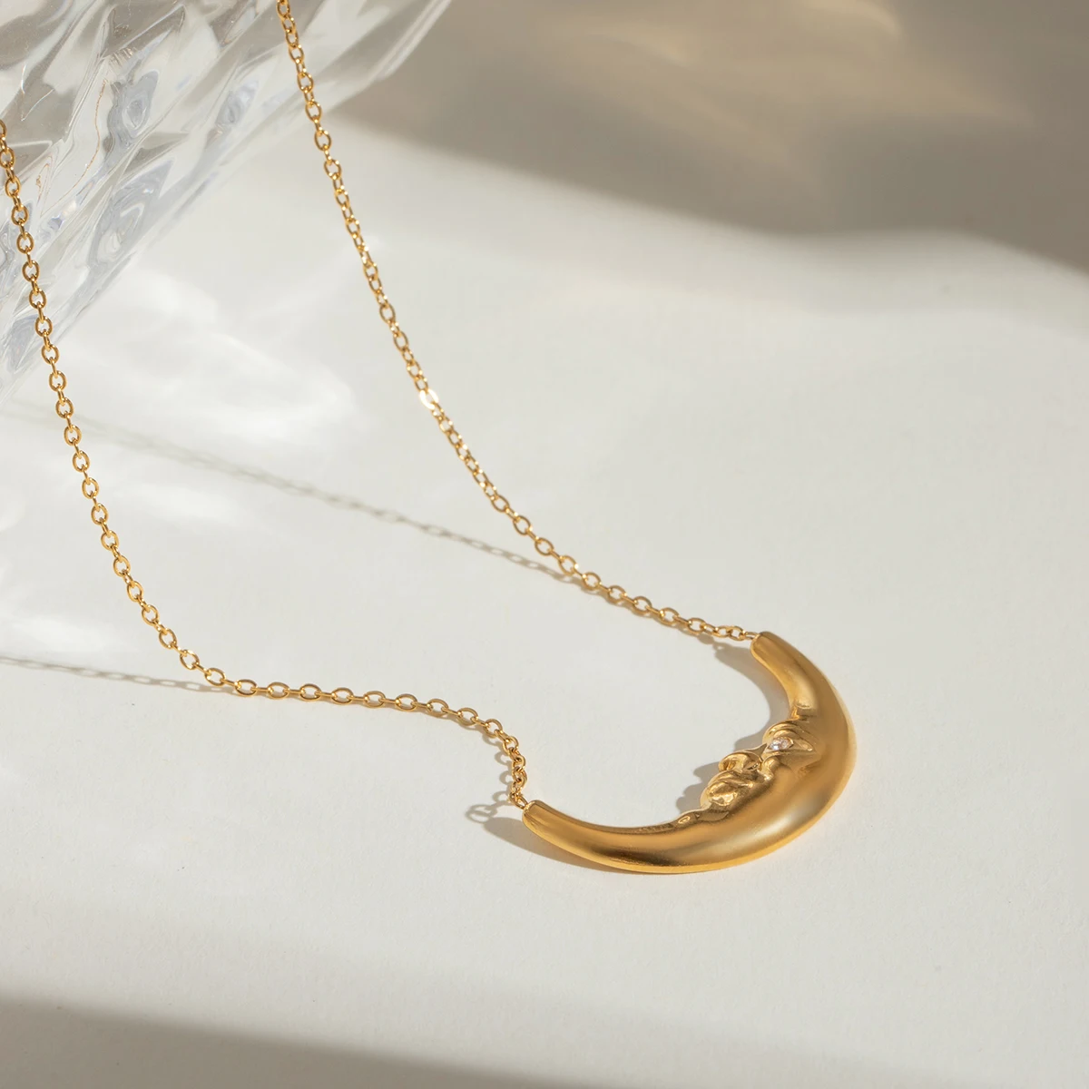 J&D 18k Gold Stainless Steel White Zircon Moon Pendant Necklace 40+5cm Ethereal Chic Accessory