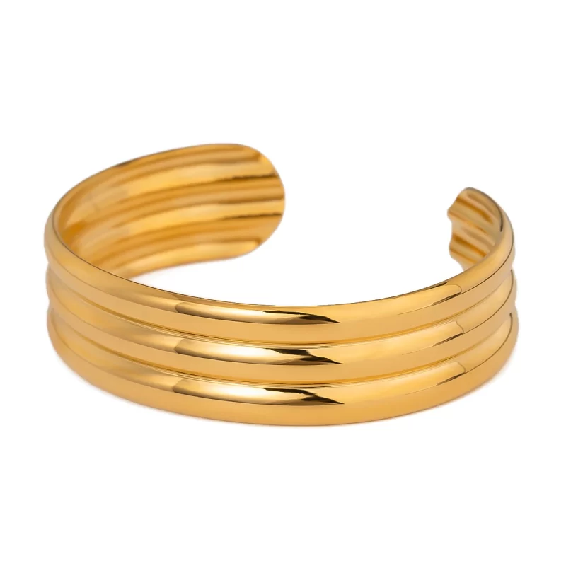 J&D 18k Gold Stainless Steel Triple Layer Tube Open Cuff Bracelet Stylish