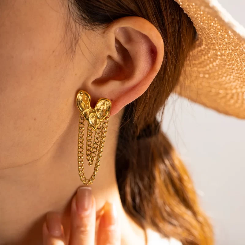 18K Gold Plated Dainty Hammer Heart Shape Earring Lava Irregular Tassel Stud Trendy Stainless Steel Stud Earring - Image 2