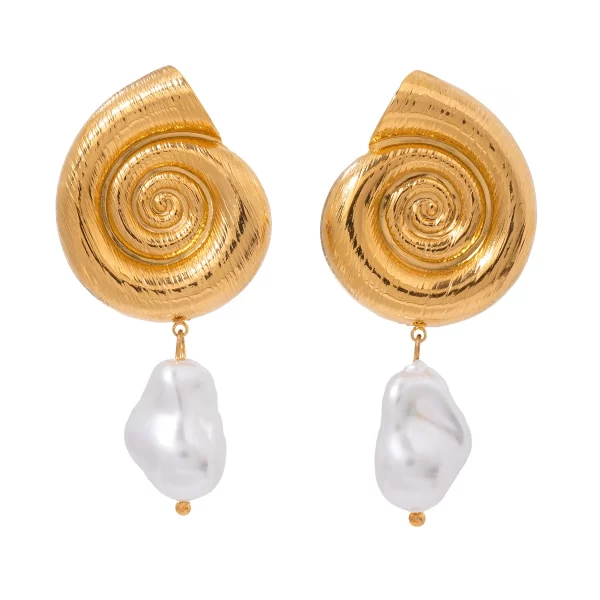 Jewelry 18K PVD Stainless Steel Spiral Statement Stripe Conch Glass Pearl Drop Earrings