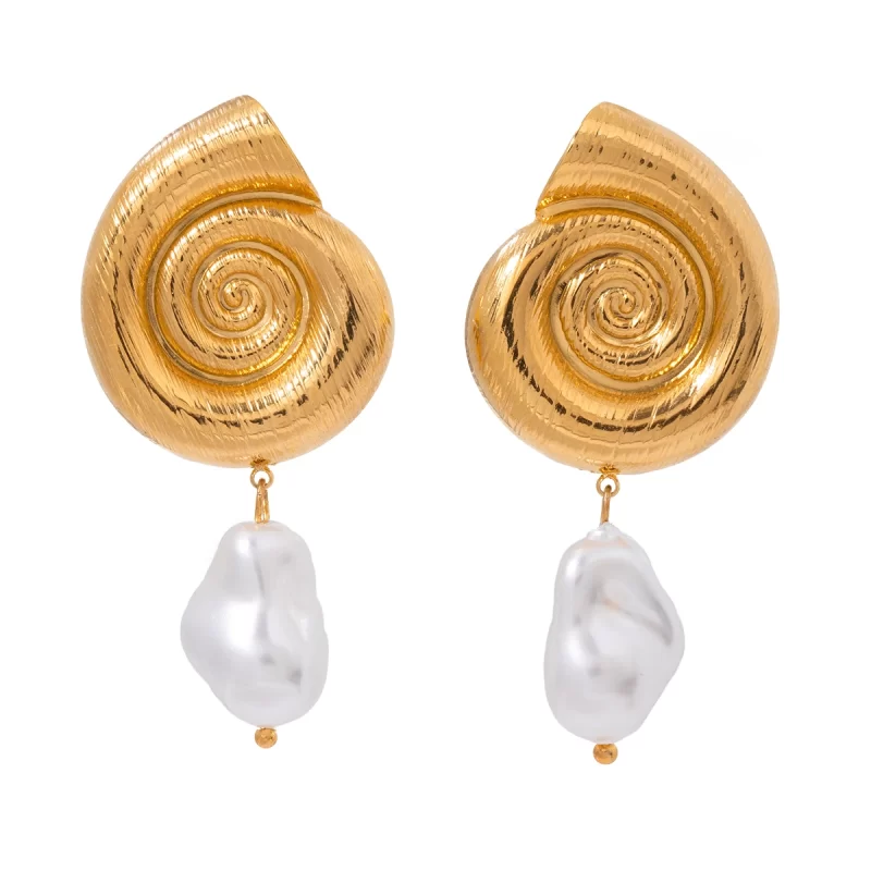 Jewelry 18K PVD Stainless Steel Spiral Statement Stripe Conch Glass Pearl Drop Earrings