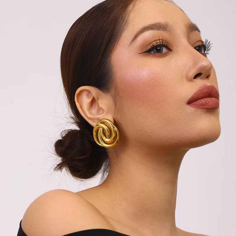 Ladies Modern 18k Gold stainless Steel Hollow Retro Irregular Line Earrings - Image 3