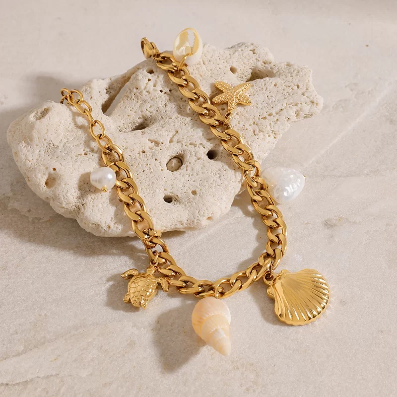 J&D Summer Beach Style 18K Gold Stainless Steel Ribbed Shell Conch Starfish Charms Bracelets - Image 4