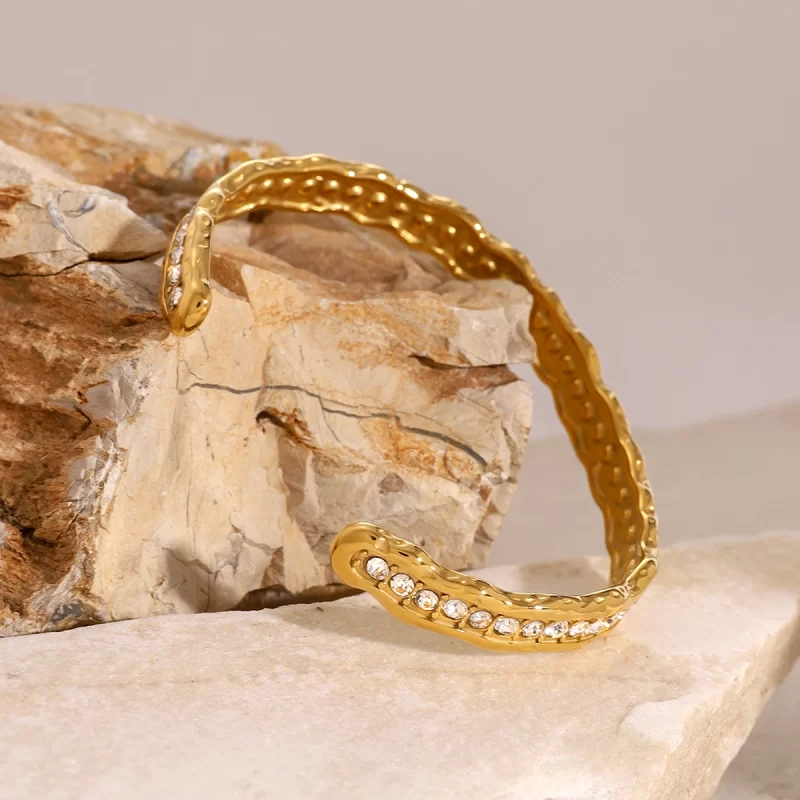 J&D White Rhinestone ZIRCON Irregular Hammer Wave Bracelet 18K PVD Plated Stainless Steel Bracelet for Women - Image 3