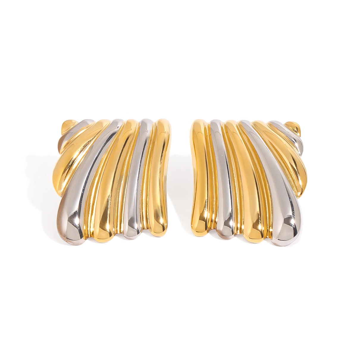 Jewelry 18K Gold Plated High Polished Stainless Steel Rectangle Two Tone Stud Earrings