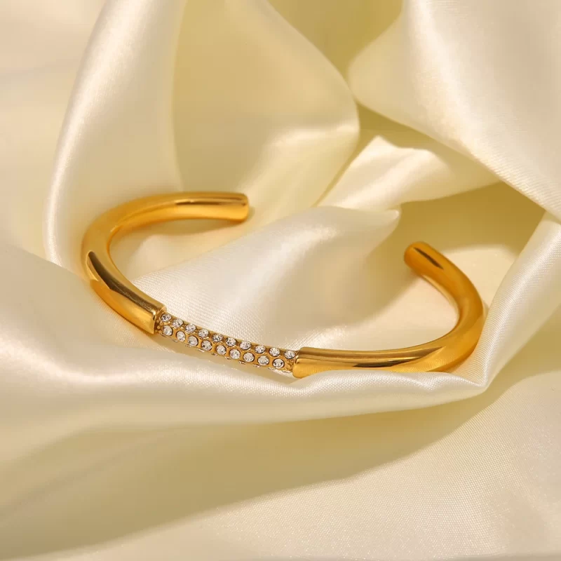 Simple 18k Gold Plated Stainless Steel Bracelet Jewelry Party Gift Opening White Cubic Zirconia Bangles - Image 3