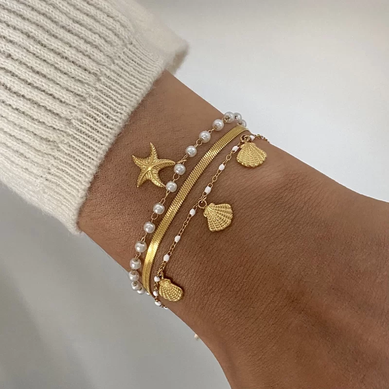 J&D Ocean Summer 18K Gold Plated Stainless Steel Bracelet Starfish Shell Pearl 3pcs/set Bracelets Holiday Wearing - Image 3