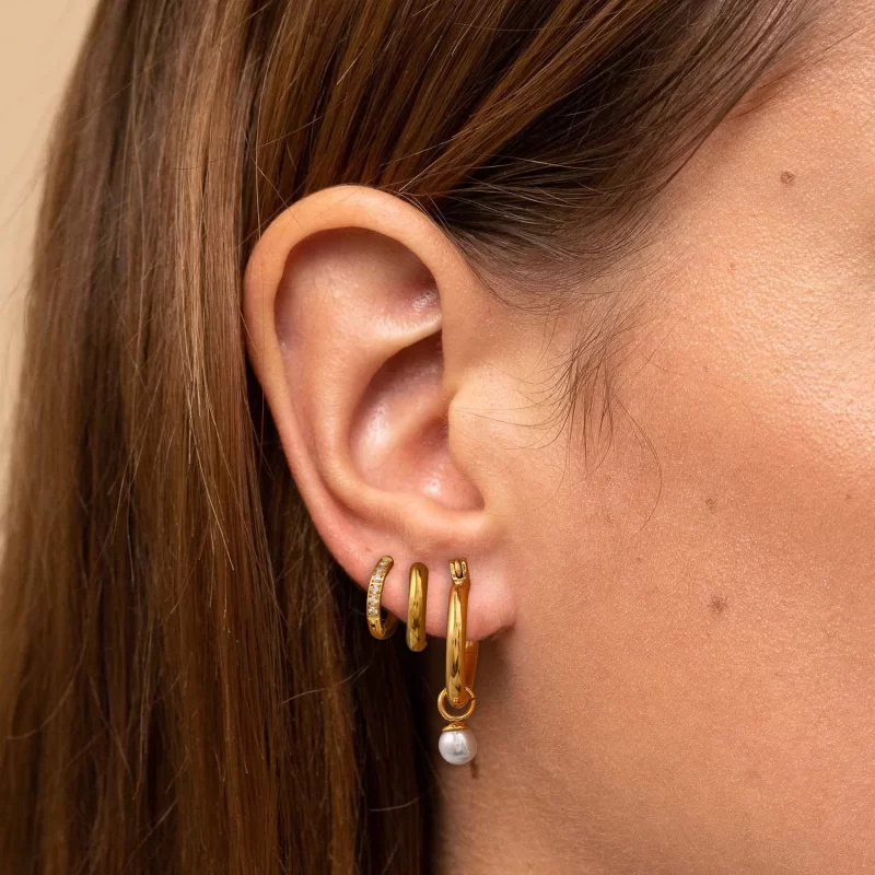 18k Gold Plate Stainless Steel Pearl and White Zircon Hoop Earrings Three Pairs Elegant Set - Image 2