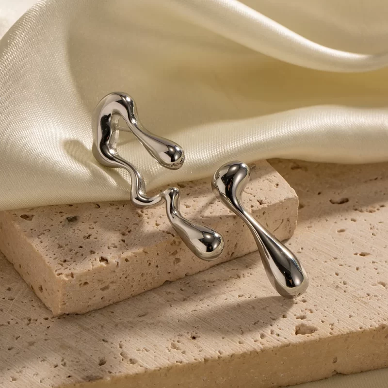 Stainless Steel Irregular Water Drop Asymmetric Melting Ice Design Stud Earring - Image 2