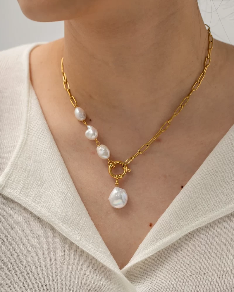 New Jewelry Stainless Steel Spring Lock Half Paperclip Chain Freshwater Pearl Necklace for Women - Image 2