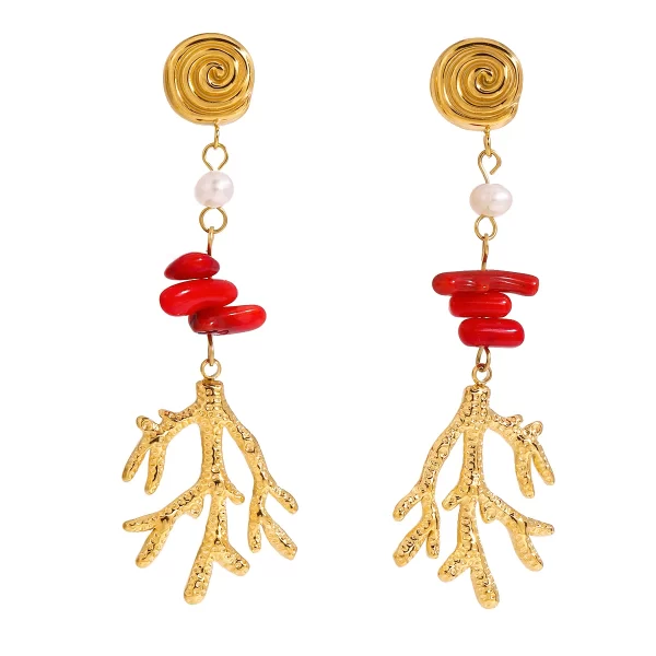 Ocear Style 18K Gold Stainless Steel Red Coral Red Agate Hammered Freshwater Pearl Long Earrings
