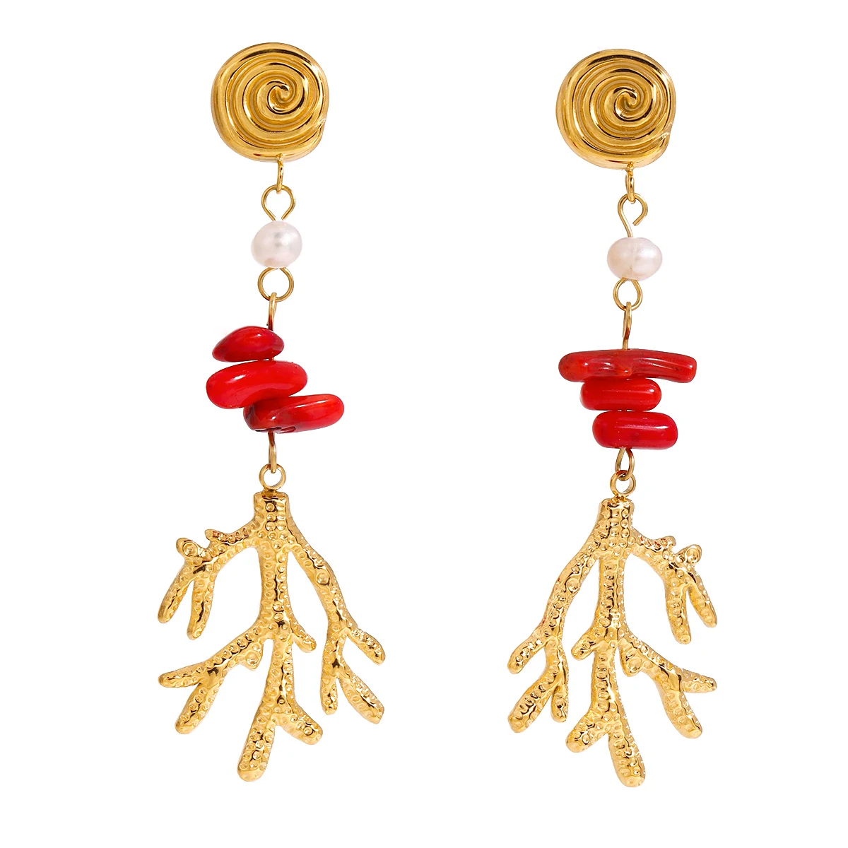 Ocear Style 18K Gold Stainless Steel Red Coral Red Agate Hammered Freshwater Pearl Long Earrings