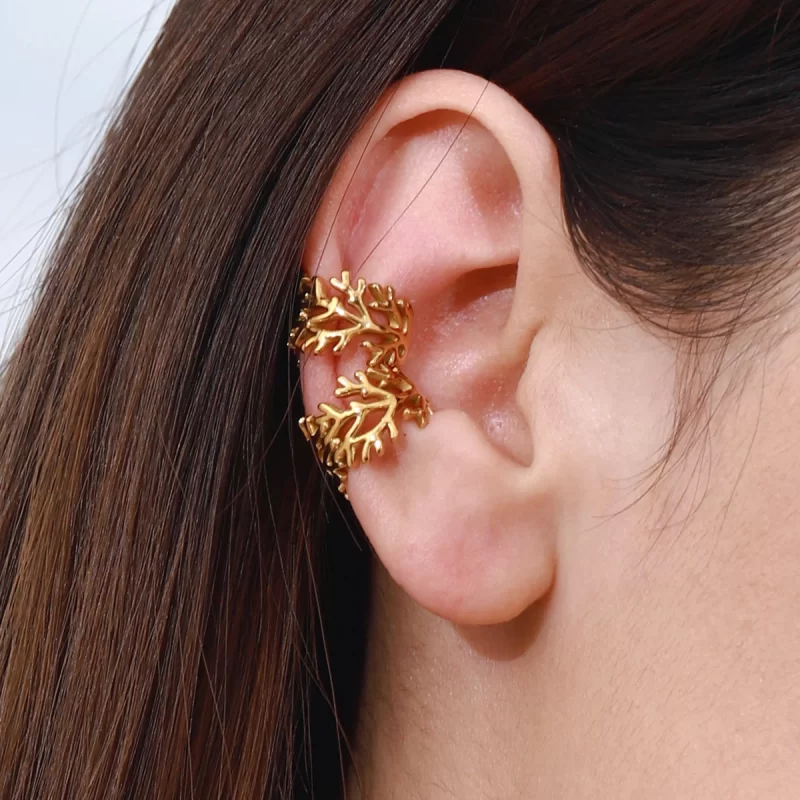 18k Gold Stainless Modern Minimalist 18K Gold Stainless Steel Glossy Tree Branch Hollow Open Ear Clip Earrings - Image 2