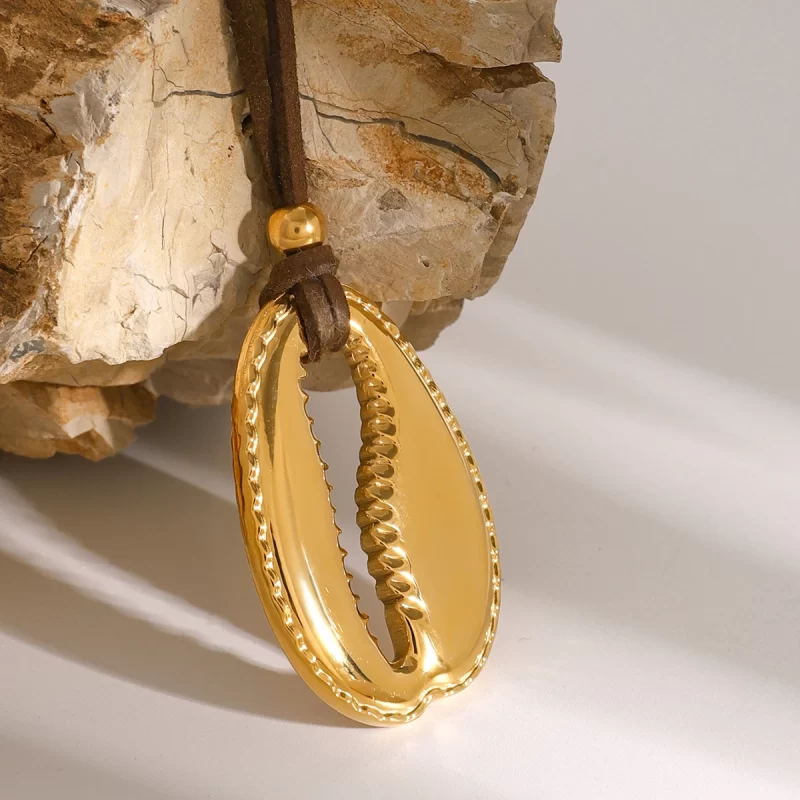 J&D Large Shell Pendant Cord Necklace 18K PVD Gold Plated Stainless Steel Beach Vacation Trendy Charm Necklace - Image 2