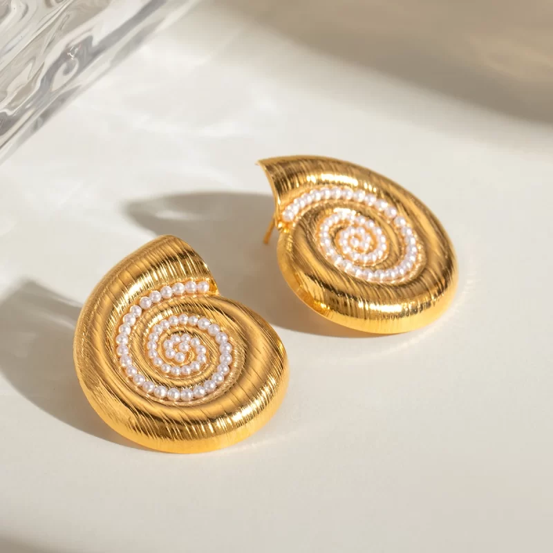 Conch Shape Pearl Stud Earrings 18k Gold Plated Stainless Steel Brushed Finish Nautical Design - Image 4