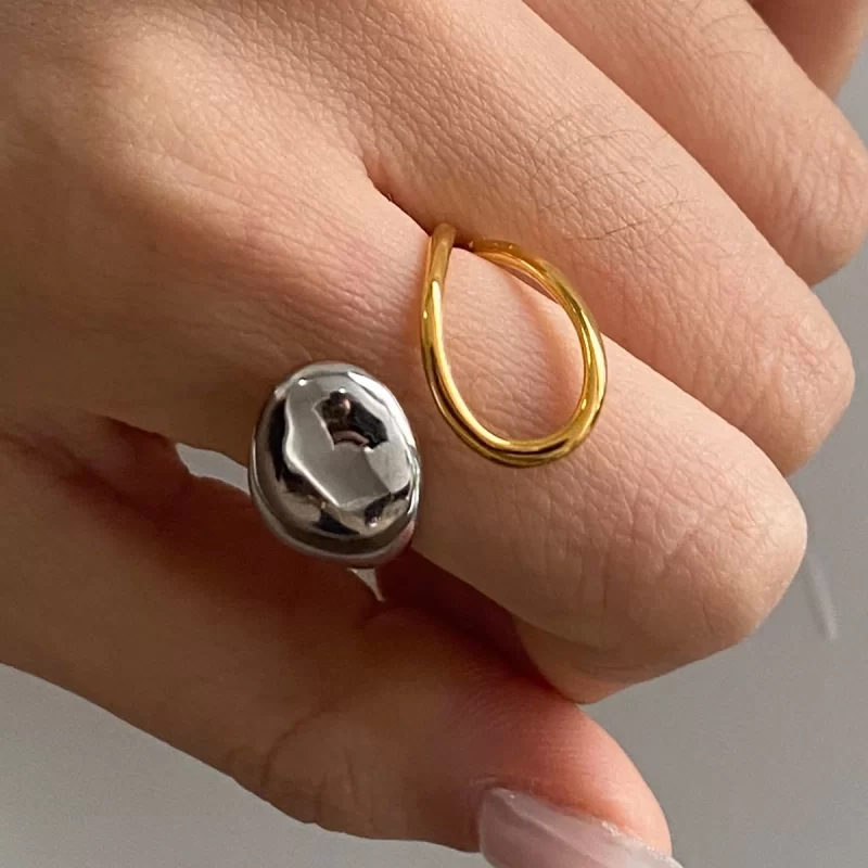 J&D 18K Gold Stainless Steel Adjustable Trendy Fashion Jewelry Two-Tone Waterdrop Geometric Open Ring - Image 2