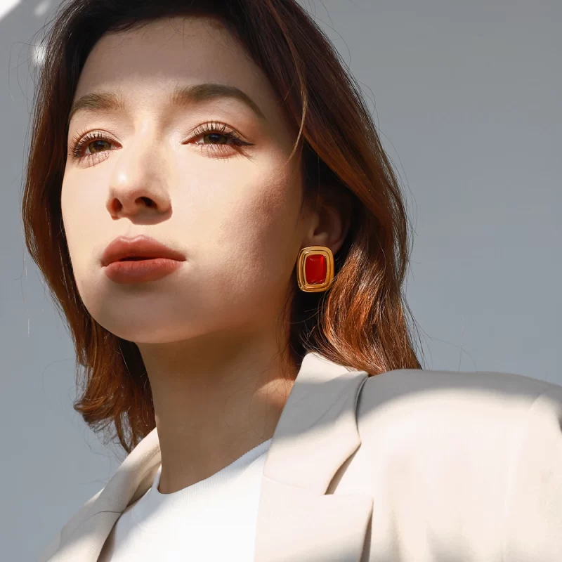 Women Style Retro Style 18K Gold Stainless Steel Red Agate Square Round Red Agate Earrings - Image 2