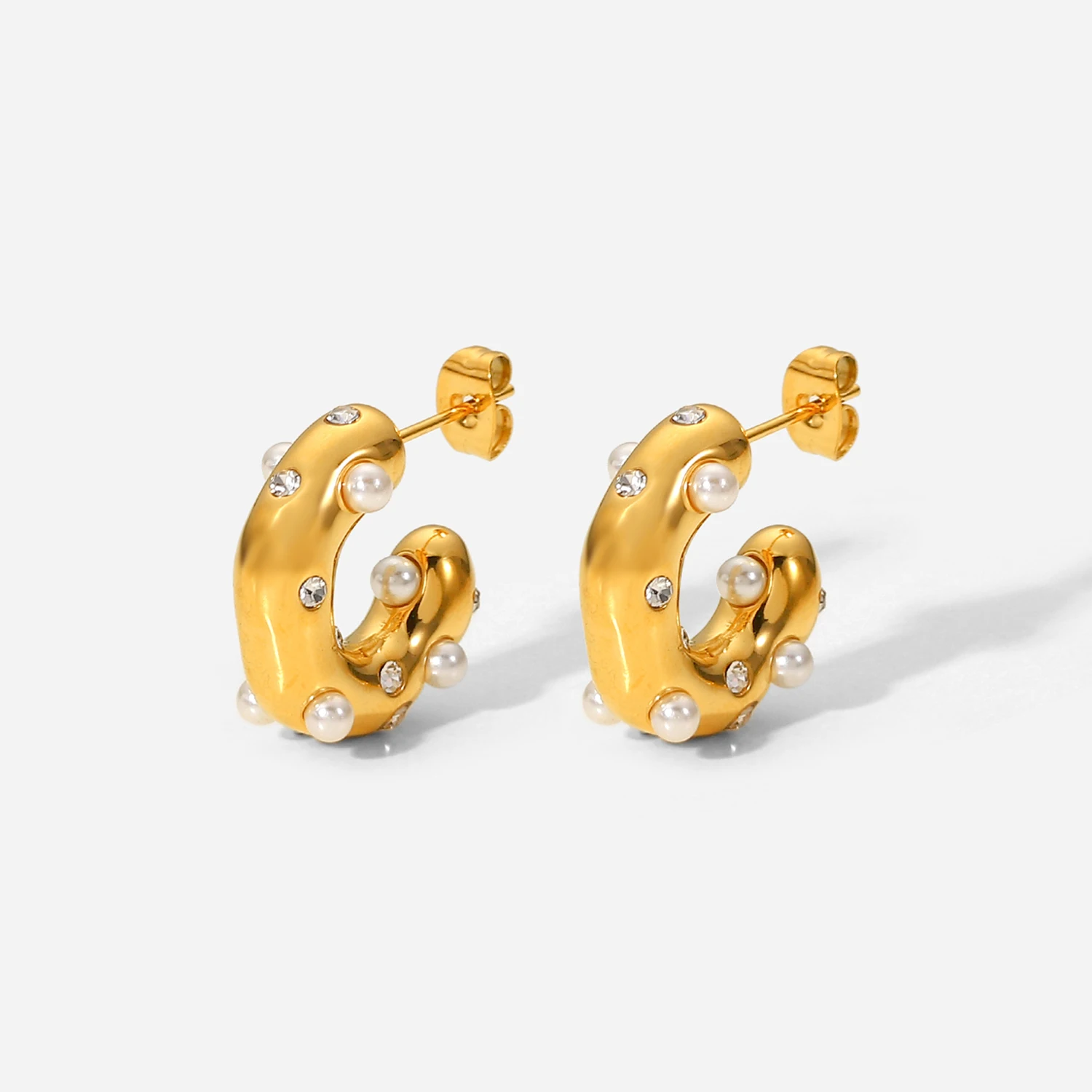 18k Gold Plated Stainless Steel Special-shaped Hammer Pearl Zircon CC Shaped Earrings