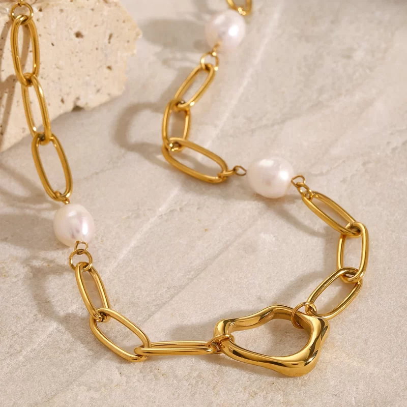 J&D Dainty 18k Gold Stainless Steel Freshwater Pearl Irregular Pendant Necklaces Bracelets Set - Image 4