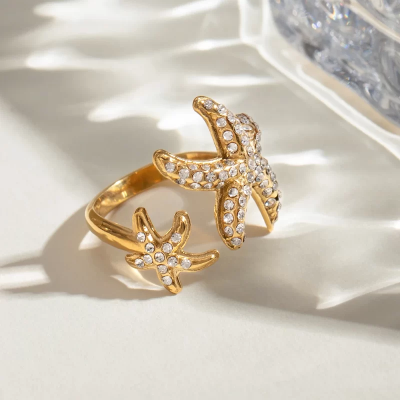 J&D 18K PVD Gold Plated Stainless Steel Searing White Zircon Starfish Ocean Open Ring Jewelry for Women - Image 2