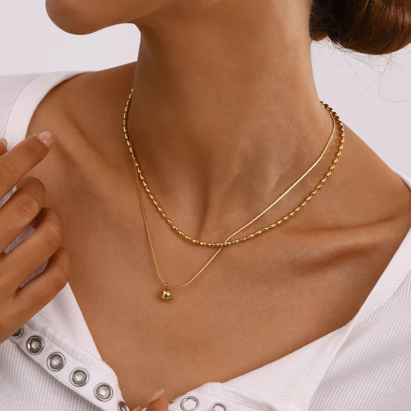 18k gold stainless steel/smooth small steel ball pendant rice ball chain double-layer necklace 40/45+5cm - Image 4