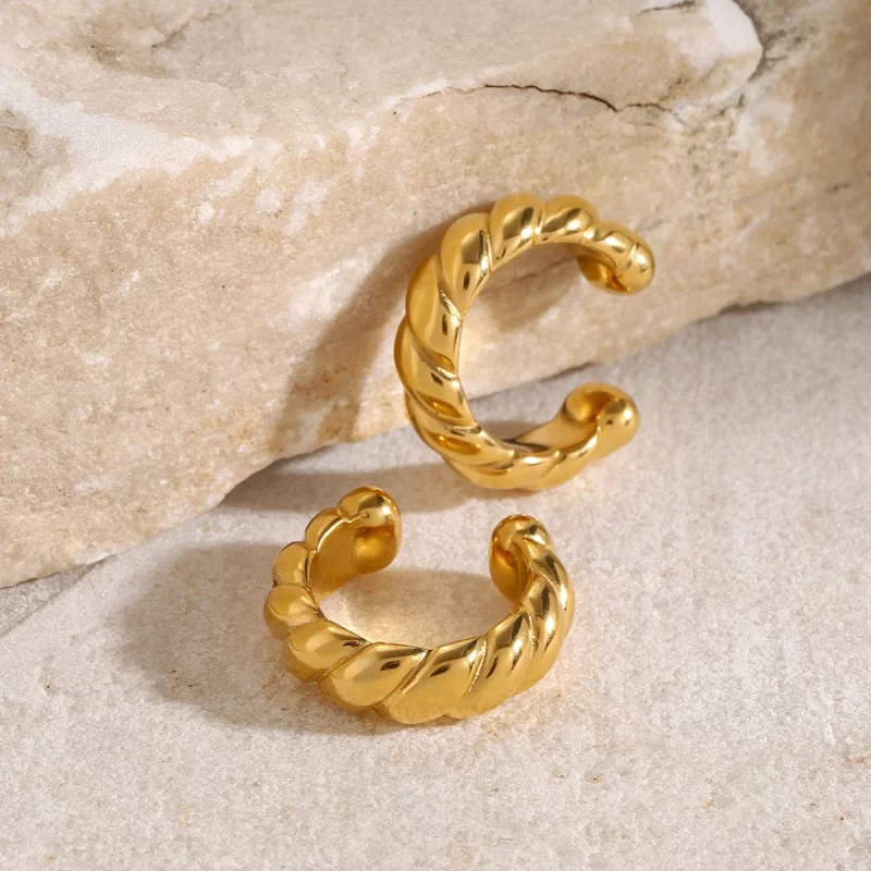 Waterproof Ear Cuff 18K IP Gold Plated Earring Stainless Steel Smooth Swirl Spiral Chunky Ear Clip - Image 3
