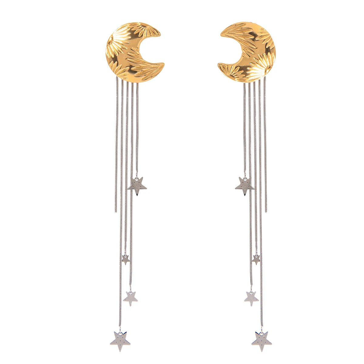 18k Gold Plated Stainless Steel Two-Tone Star Moon Long Texture Tassel Earrings Fashion Hoop Jewelry with Pearl Main Stone