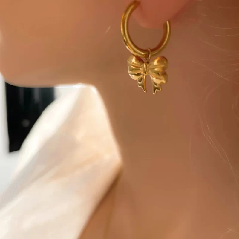 Stainless Steel Bow Tie Earring Waterproof Stud Hoop Earring 18k Gold Plated Bow Hopp Pendent Bow Bowknot Drop Earring - Image 2